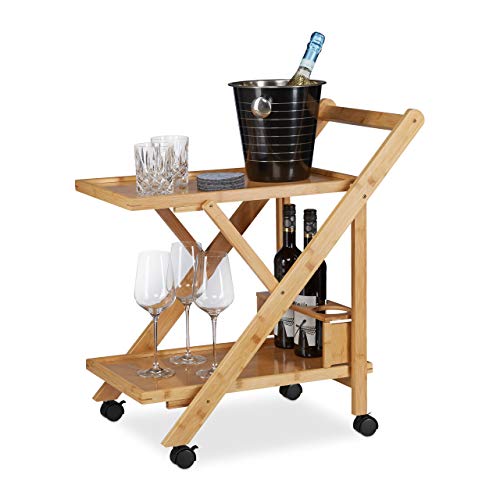 Bamboo kitchen dessert cart with foldable design for serving drinks in natural finish measuring 70 by 40.5 by 65 centimeters in light brown and black colors