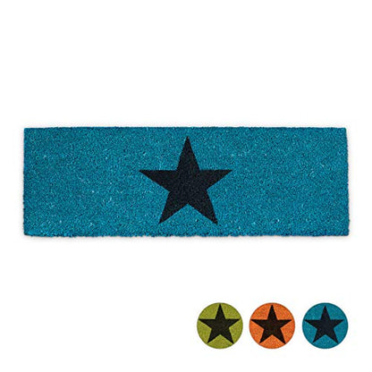 Blue star patterned doormat made of coconut fiber with a non-slip rubber underside, suitable for indoor and outdoor use, measuring 1.5 cm in height, 75 cm in width, and 25 cm in depth.