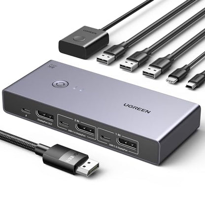 UGREEN 8K at 60Hz Displayport KVM Switch allowing connection of two PCs to one monitor with support for 4K at 240Hz and featuring four USB ports for peripherals such as keyboard mouse hard drive and printer