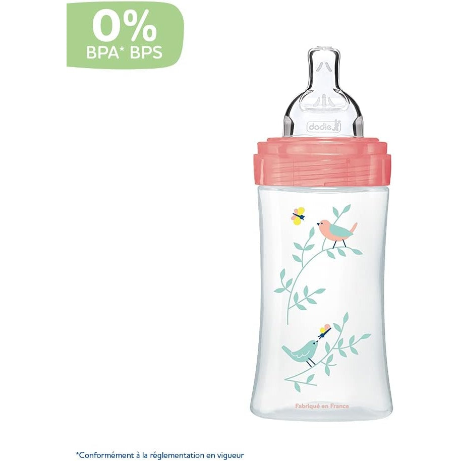 Dodie - Sensation+ Anti-Colic Baby Bottle, Flat Teat, Flow 2, Pink, 0-6 Months, 270 Ml