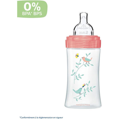 Dodie - Sensation+ Anti-Colic Baby Bottle, Flat Teat, Flow 2, Pink, 0-6 Months, 270 Ml