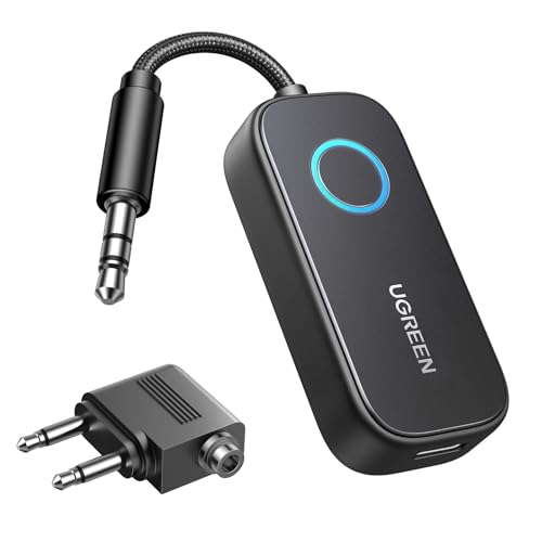 UGREEN Airplane Bluetooth Transmitter Receiver for 2 Airpods or Headphones - Hassle-free wireless travel essential for long flights. Charge via USB-C.