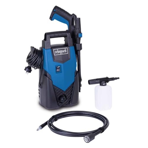 Scheppach pressure washer model HCE1400 featuring a self-suction function, 1400 watts of power, maximum pressure of 110 bar, quick connect system, flow rate of 408 liters per hour, 3 meter high pressure hose, cleaning lance, and various accessories