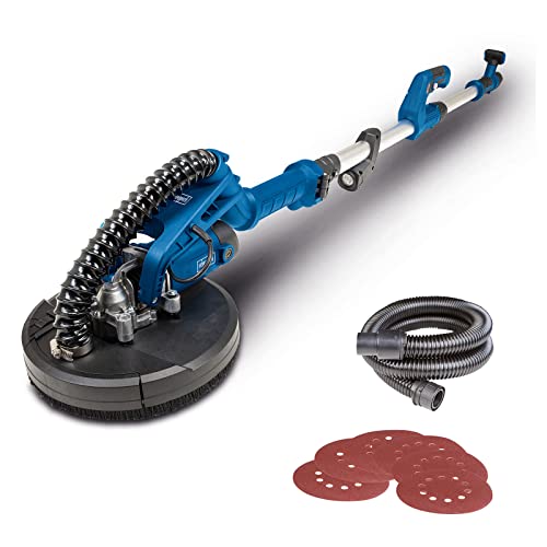 Scheppach Wall and Ceiling Sander DS920X with a powerful 710 watt motor, featuring a 225 mm sanding diameter, built-in LED work light, adjustable tilting head up to 90 degrees, and a telescopic design. The package includes a 4 meter suction hose, suction adapter, and six sanding discs for efficient drywall sanding.