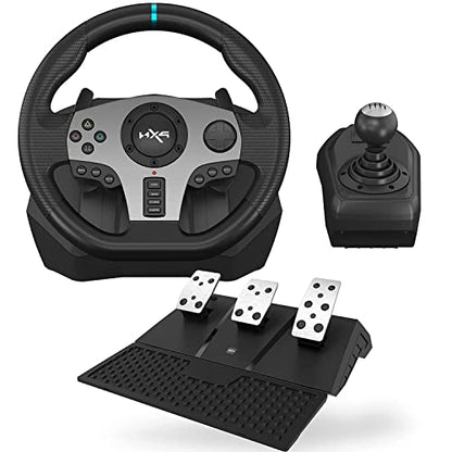 Racing steering wheel compatible with multiple gaming platforms, featuring a realistic gear stick simulation and self-adjusting linear pedals for enhanced driving experience. The ergonomic design includes dual motor feedback and adjustable rotation settings of 270° and 900°.