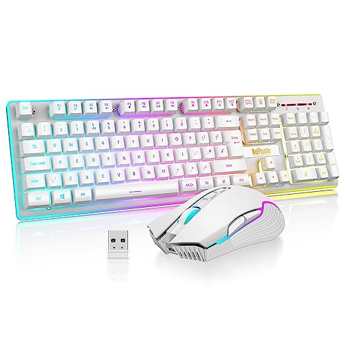 Wireless gaming keyboard and mouse combo featuring a white design, LED backlighting, and a rechargeable 3800mAh battery, designed for PC gamers with a UK layout mechanical feel keyboard and a 7D 3200DPI mouse.