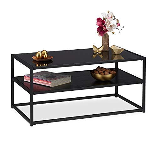 Glass coffee table with two shelves featuring a metal and glass top designed for living room use, dimensions approximately 42 cm high, 90 cm wide, and 50 cm deep, in black color.