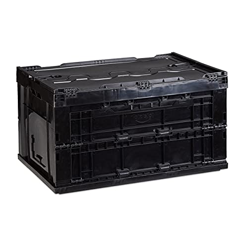 Black plastic storage box with a lid, foldable design, 60 liters capacity, dimensions 60x40x32 cm, and additional dimensions 39.5x58.5x32.5 cm.