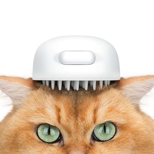 Silicone cat grooming brush designed for short to medium haired pets featuring a release button for easy use and a soft brush for gentle massage on cats dogs and rabbits