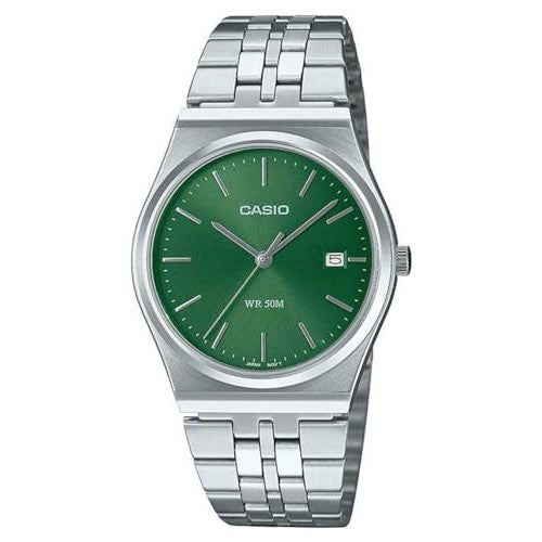 Casio MTP-B145D-3AVEF watch featuring a green dial and classic stainless steel design