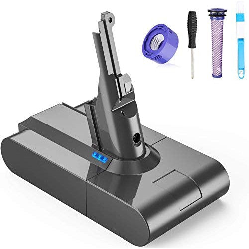 Replacement battery for Dyson V8 series cordless handheld vacuum cleaner, including pre-filter, HEPA post-filter, screwdriver for installation, thank you card, and user manual.