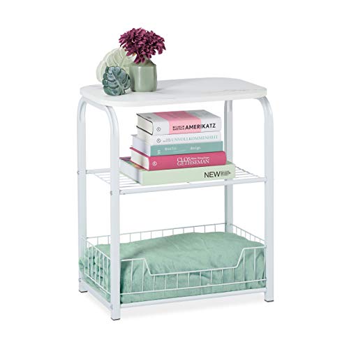 Side table with a marble optic finish featuring a storage shelf, dimensions 62 cm high, 50 cm wide, and 30 cm deep, in white and made of iron.