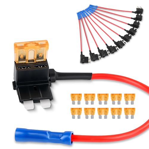 A pack of ten Nilight 12V car add-a-circuit fuse tap adapters with five amp standard APR ATO ATC blade fuses designed for use in cars, trucks, and boats.