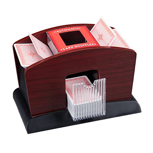 Electric card shuffling machine in black and brown wood designed for mixing four decks of standard playing cards