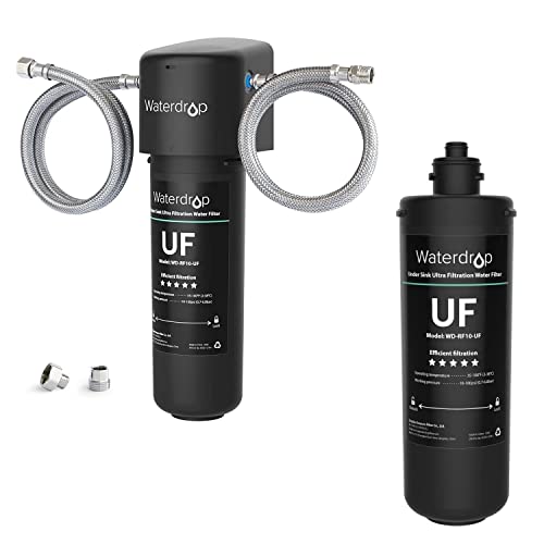 Ultra filtration under sink water filter designed for bacteria reduction, capable of filtering up to 8,000 gallons, connects directly to kitchen faucet, includes RF10-UF replacement filter compatible with models 10UA, 10UA-UF, 10UB, and 10UB-UF.