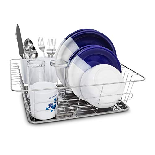 Stainless steel draining rack with drip tray and cutlery compartment measuring 39.5 x 30.3 x 12.5 cm designed for plates cutlery glasses and crockery in a metallic finish