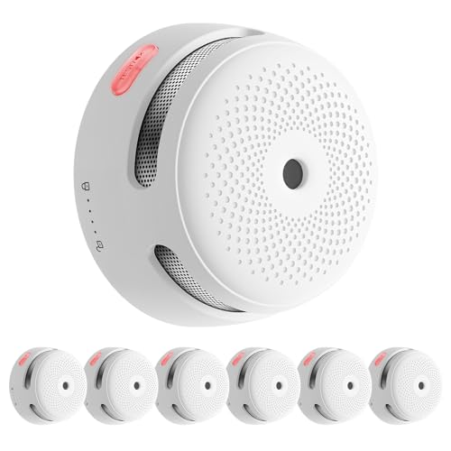 Smart smoke detector with WiFi connectivity designed for compatibility with various base stations and a home security app featuring an 85dB warning signal and compact design