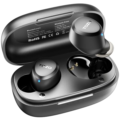 Lightweight TOZO A1 wireless earbuds featuring Bluetooth 5.3 technology and IPX5 waterproof rating designed for immersive sound and bass. Equipped with two microphones for AI calls and customizable 32 presets EQ through an app, these headphones come with a charging case.