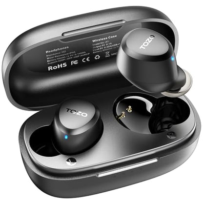 Lightweight TOZO A1 wireless earbuds featuring Bluetooth 5.3 technology and IPX5 waterproof rating designed for immersive sound and bass. Equipped with two microphones for AI calls and customizable 32 presets EQ through an app, these headphones come with a charging case.