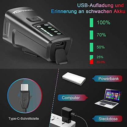 Toptrek - USB Rechargeable Bicycle Light Set With 100 Lux, 4 Modes & Rainproof Design