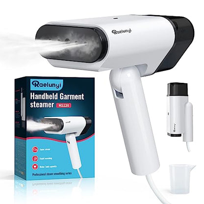 A portable and foldable handheld clothes steamer designed for removing wrinkles from garments, suitable for home, travel, and office use.