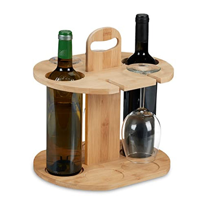 Bamboo wine butler designed to hold two bottles and four glasses with dimensions of 30.5 cm height, 30 cm width, and 25 cm depth suitable for home kitchen and bar use in a natural finish