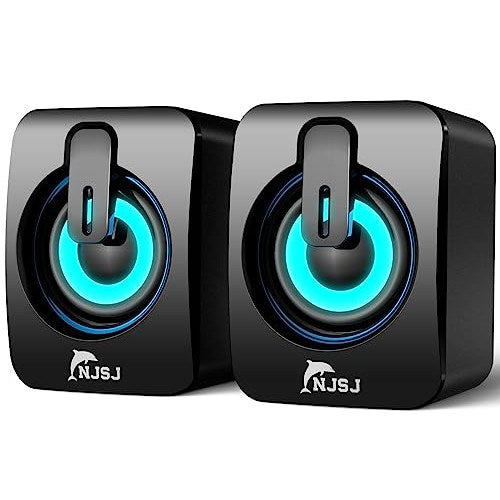 NJSJ A2 2.0 wired desktop speakers with USB power and 3.5 mm AUX input featuring volume control and LED light designed for gaming and compatible with PC, laptop, tablets, cellphones, and MP3 players