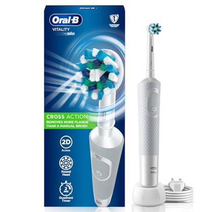 Oral-B Vitality 100 Crossaction Rechargeable Electric Toothbrush in white, designed for adults with a brushing timer feature, battery-powered and made of synthetic materials. The package contains three units and weighs 0.32 kilograms.