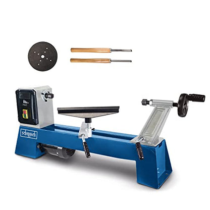 Wood lathe model DM500T featuring four speed settings and a power output of 400 watts, capable of handling parts up to 500 millimeters in length and 350 millimeters in diameter. The drive includes an M18 pitch tip with four lugs and has a bench height of 175 millimeters.