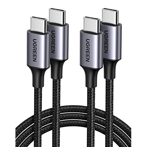 Two UGREEN USB C to USB C cables, each 6 feet long, designed for fast charging and data transfer, featuring a durable nylon braided exterior, compatible with various devices including iPhone 16 and 15, Galaxy S24, S23, S22, Pixel 8 and 7, MacBook Air and Pro, Dell XPS, iPad Pro, Mini, Air, Nintendo Switch, and Steam Deck.