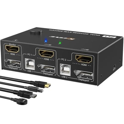 MLEEDA 2 Port Dual Monitor KVM Switch with HDMI and DisplayPort connections, allowing two computers to share one keyboard, mouse, and dual monitors; features support for multiple operating systems, high-resolution output up to 4K@60Hz, wired remote control for switching between PCs, and includes necessary cables in the packing list.