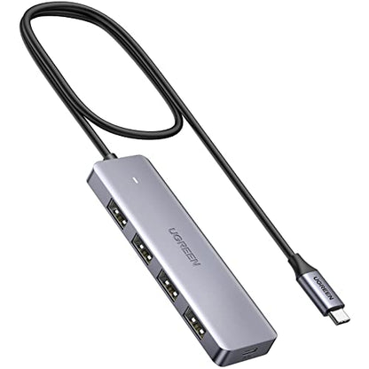 UGREEN USB C Hub featuring four USB 3.0 ports designed for connecting multiple devices to laptops and tablets including MacBook Pro, iMac, iPad Pro, Chromebook, Dell XPS, iPhone 15 and Galaxy S23, with a 2-foot cable for extended reach.