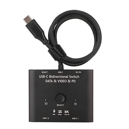 KVM switch designed for connecting two devices to one output with USB C bi-directional capability, supporting 8K resolution at 60Hz, 10Gbps data transfer, and 100W charging, suitable for laptops, tablets, and cell phones.