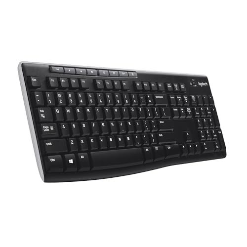 Logitech K270 Wireless Keyboard with QWERTY layout, multimedia keys, spill-proof design, and long-lasting battery life; compatible with laptops and PCs.