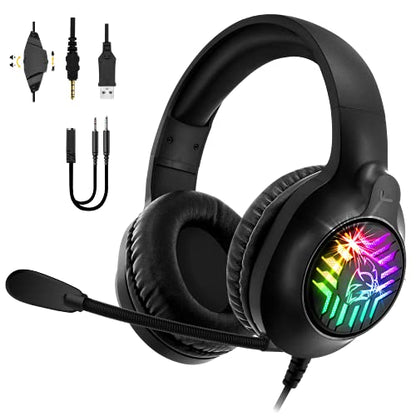 Over-ear gaming headset from EMPIRE GAMING in matte black with RGB backlight, featuring 50 mm speakers for superior 360-degree sound, a flexible omnidirectional microphone with noise suppression, and comfortable ear pads designed for long gaming sessions.