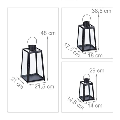 Relaxdays - Set of 3 Retro Lanterns, Decorative Candle Holders, Black Metal & Glass