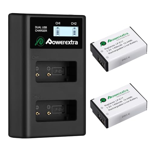 Powerextra LP-E17 batteries and USB charger compatible with Canon cameras including RP, Rebel SL2, SL3, T6i, T6s, T7i, M3, M5, M6, 200D, 77D, 750D, 760D, 800D, 8000D, and KISS X8i