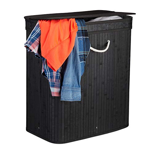 Lidded laundry hamper with two compartments made of bamboo featuring a ventilated design and partitioned bag, black color, measuring 62 by 55 by 35 centimeters with a capacity of 72 liters