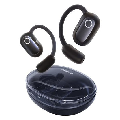 Baseus Eli Sport 1 open-ear headphones in black and blue, featuring a lightweight design, removable neckbands, and ergonomic titanium memory wire ear hooks for secure fit during workouts.