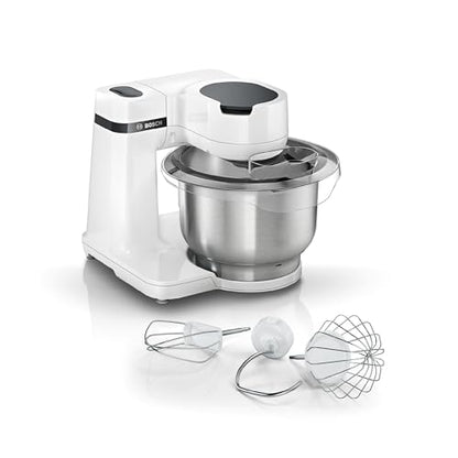 Bosch MUMS2EW00 MUM Series 2 food processor featuring a stainless steel bowl with a capacity of 3.8 litres, equipped with a planetary mixer, dough hook, beater, and whisk. The appliance has four working levels, operates at 700 watts, and comes in a white finish. Optional accessories available for expansion.