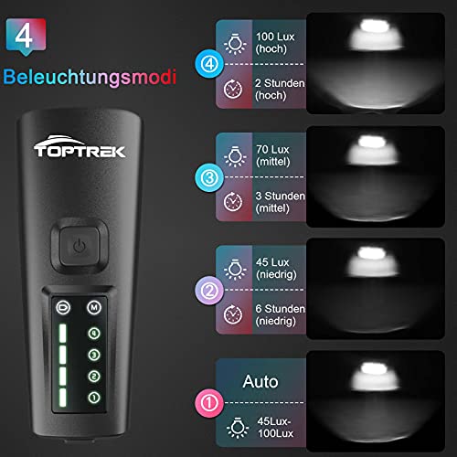 Toptrek - USB Rechargeable Bicycle Light Set With 100 Lux, 4 Modes & Rainproof Design