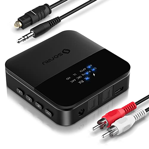 Bluetooth transmitter and receiver device designed for TV use, featuring AptX HD low latency technology, capable of connecting to two headphones or speakers simultaneously, with long-range capabilities and multiple connection options including TOSLINK, RCA, and AUX.