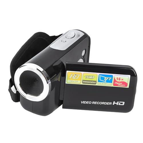 Portable black digital video camera designed for kids featuring a 16X HD lens, TFT LCD screen, and memory card support, ideal as a holiday or birthday gift.