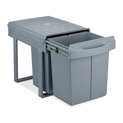 Expandable kitchen bin with three compartments designed for lower cabinets made of grey ABS material measuring 35 by 34 by 48 centimeters