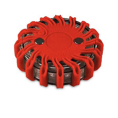 Red LED signal light made of thermoplastic elastomer (TPE) with 16 bright LEDs, featuring flexible TPR protection and 9 adjustable flashing patterns for high visibility in outdoor and marine activities.