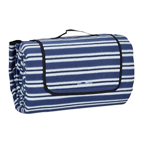 Large blue and white picnic blanket measuring 200 by 300 centimeters made of polar fabric with thermal insulation and waterproof features, ideal for beach outings and outdoor activities.