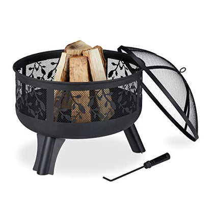 Fire bowl designed for outdoor use with spark protection features, includes a poker, suitable for gardens and terraces, dimensions 60 cm in height and 60 cm in diameter, finished in black.