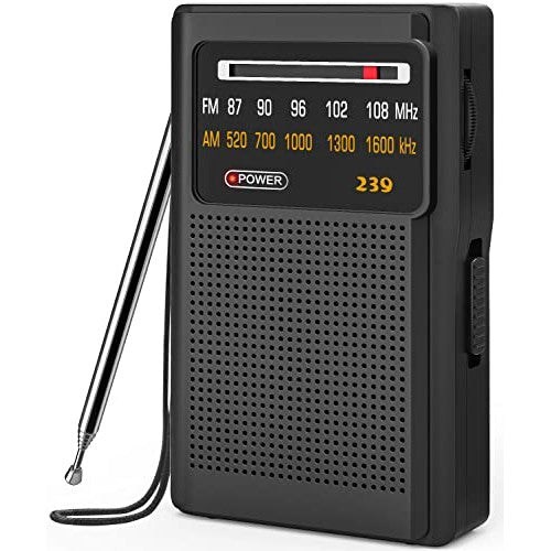 Small portable FM AM radio with excellent sound quality and headphone jack, designed for easy use and suitable for travel and camping