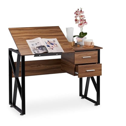 Adjustable desk with a tilting worktop surface suitable for laptops or drawing, featuring a wood and black design, dimensions 75 cm height, 110 cm width, and 55 cm depth.