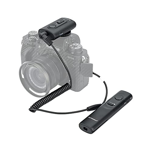 Wireless shutter release remote control designed for various Fujifilm cameras including X-H2S, X-T5, X-T4, X-T3, X-T2, X-T1, X-T30, X-T20, X-T10, X100VI, and X-M5, featuring radio control functionality and powered by AAA batteries.